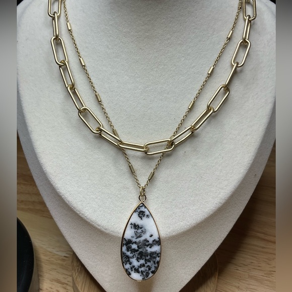 2 Layer Brass/Gold Necklace with Zebra Jasper Pendant 19” with 2” extender.🦓 - Picture 1 of 4